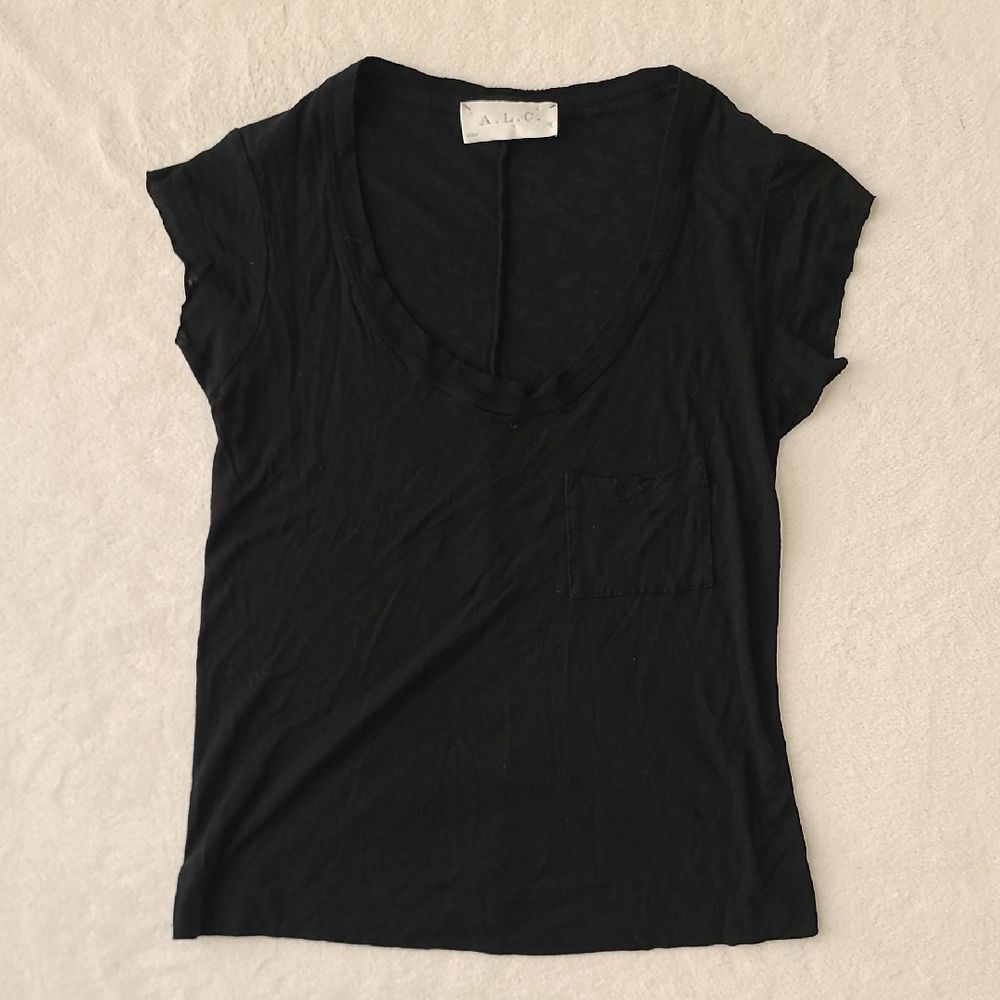 A.L.C. Wool Blend Black Short Sleeve Tee Top Small Pocket Raw Hem Lightweight